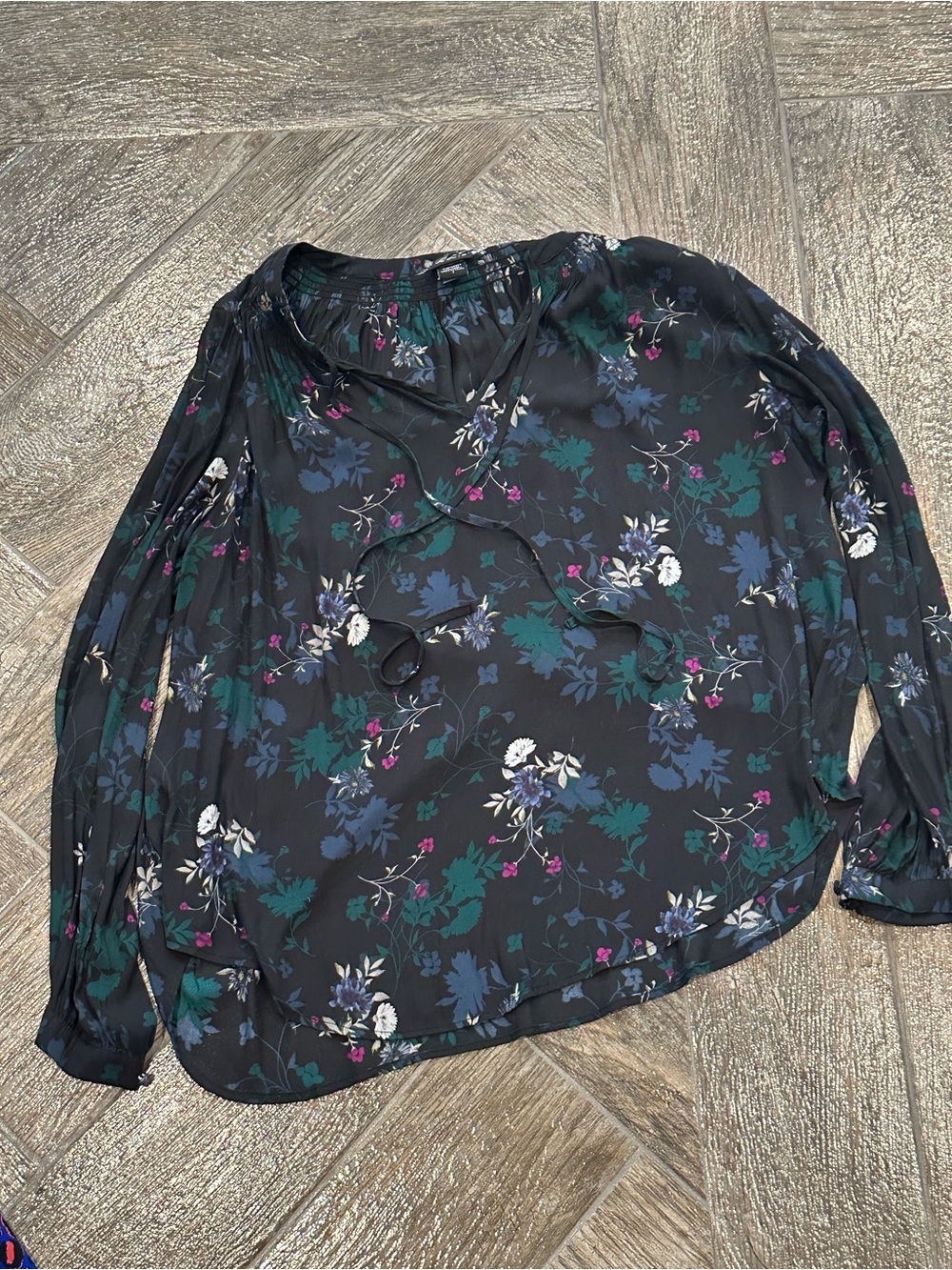torrid Black Floral Tie-Neck Long Sleeve Blouse